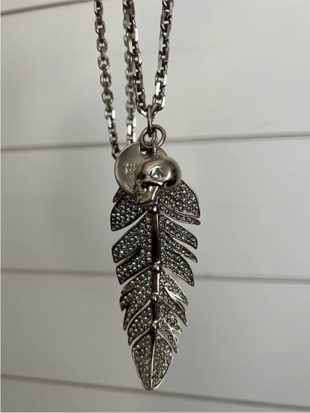 Alexander McQueen Antique Silver Pave Crystal Feather Necklace
